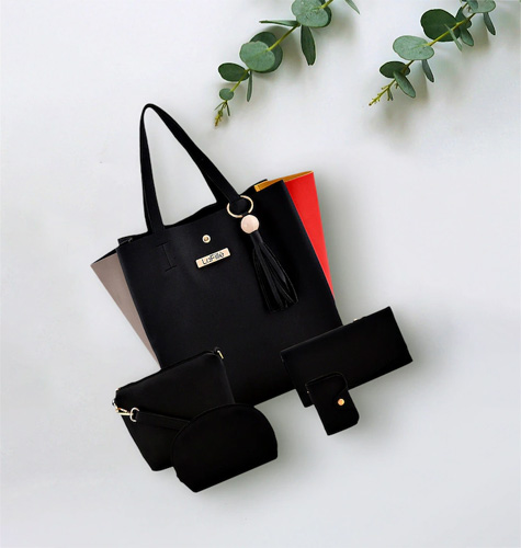 Black PU Structured Shoulder Bag with Sling Bag, Pouch & Wallet